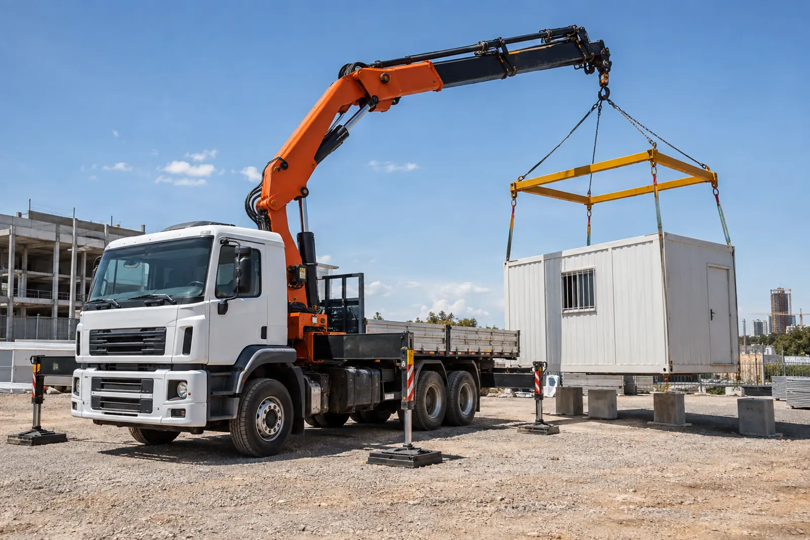 Aluguel de caminhão munck DF: cena ilustrativa de içamento de container e módulo para atendimento em Santa Maria