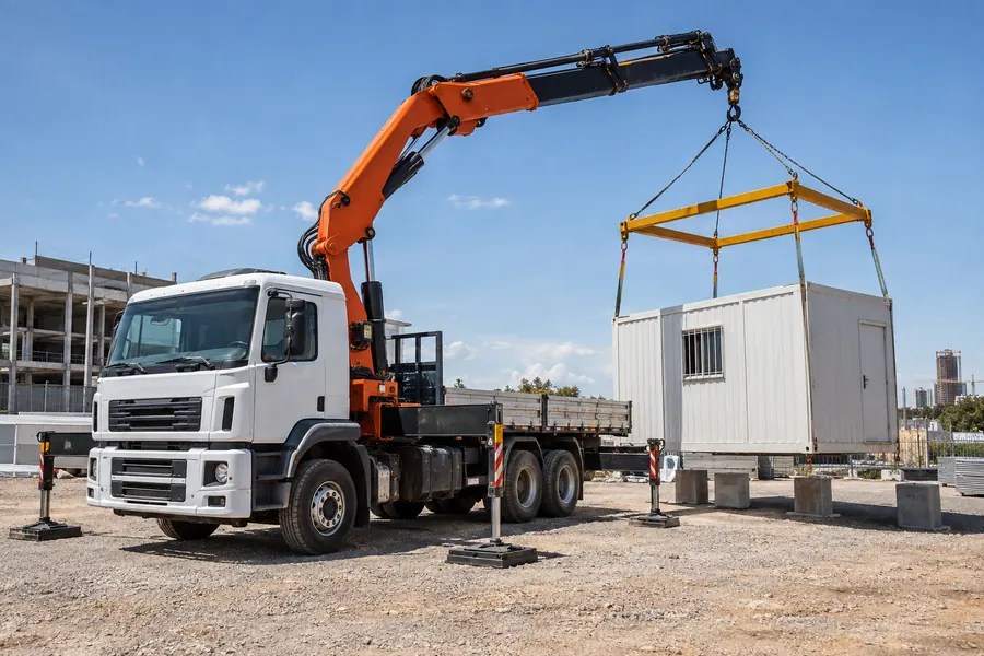 Aluguel de caminhão munck DF: cena ilustrativa de içamento de container e módulo no Distrito Federal