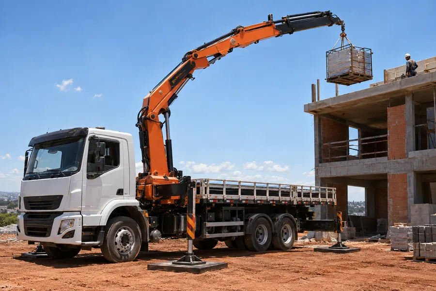 Aluguel de caminhão munck DF: cena ilustrativa de içamento de materiais para laje e cobertura no Distrito Federal