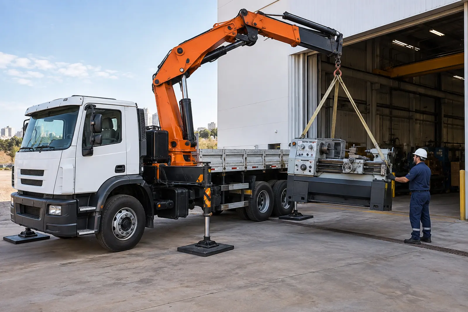 Aluguel de caminhão munck DF: cena ilustrativa de movimentação de máquina industrial para atendimento em Guará