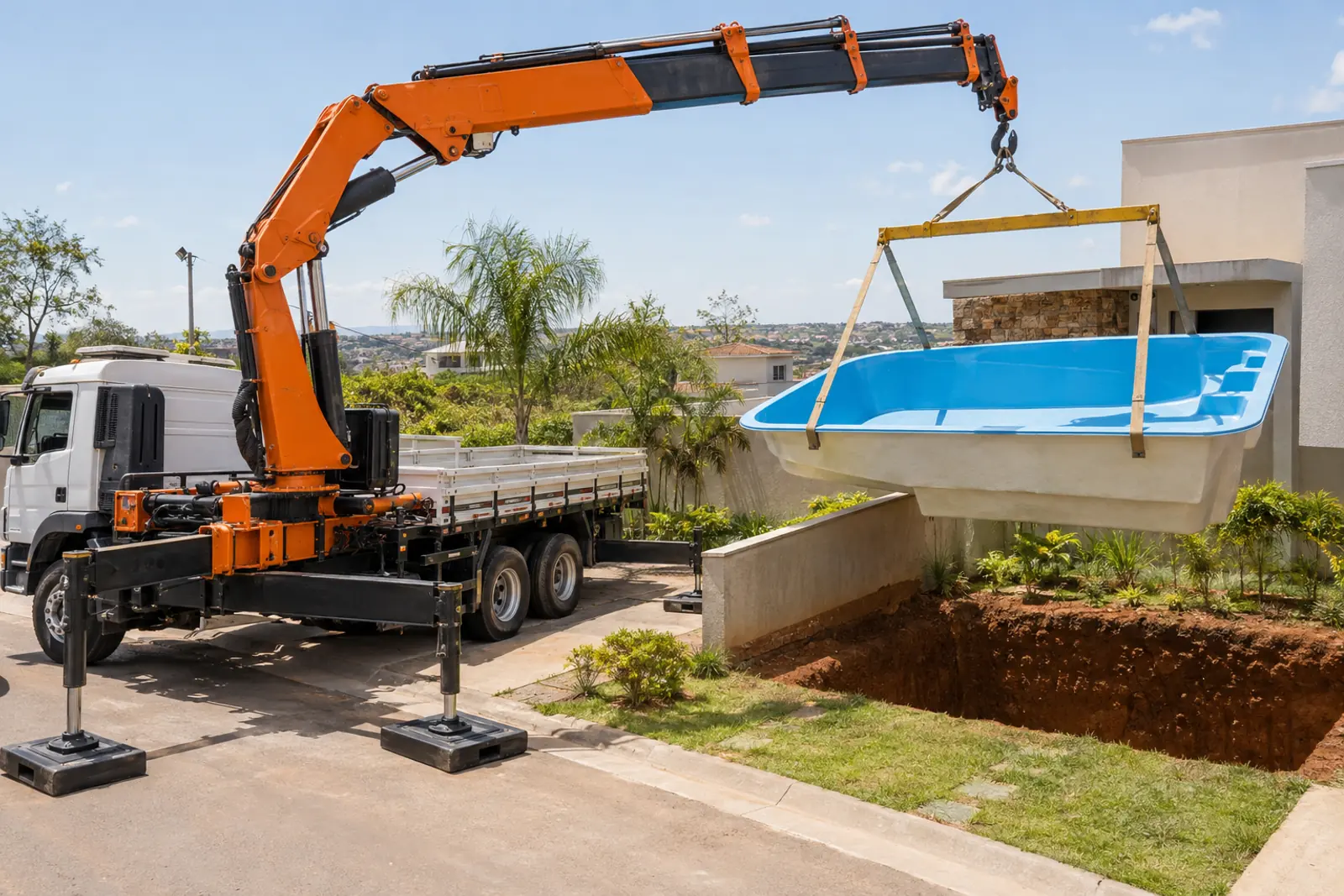 Aluguel de caminhão munck DF: cena ilustrativa de instalação de piscina de fibra para atendimento em Jardim Botânico