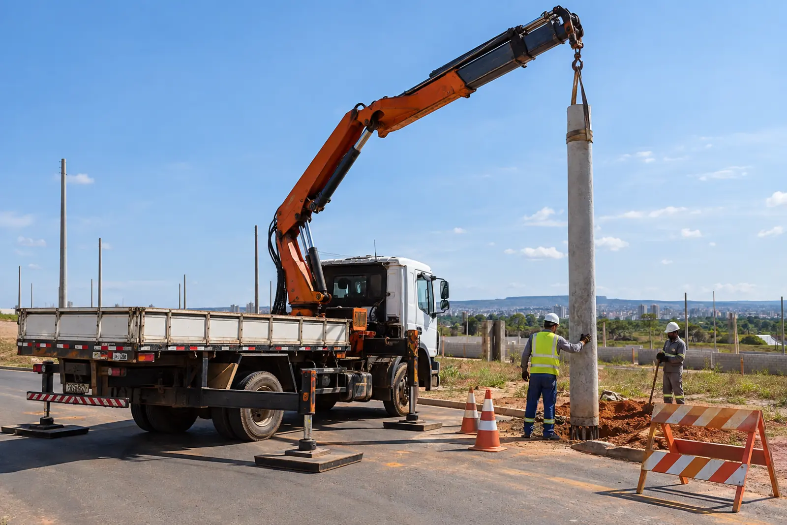 Aluguel de caminhão munck DF: cena ilustrativa de instalação de poste e rede elétrica no Distrito Federal