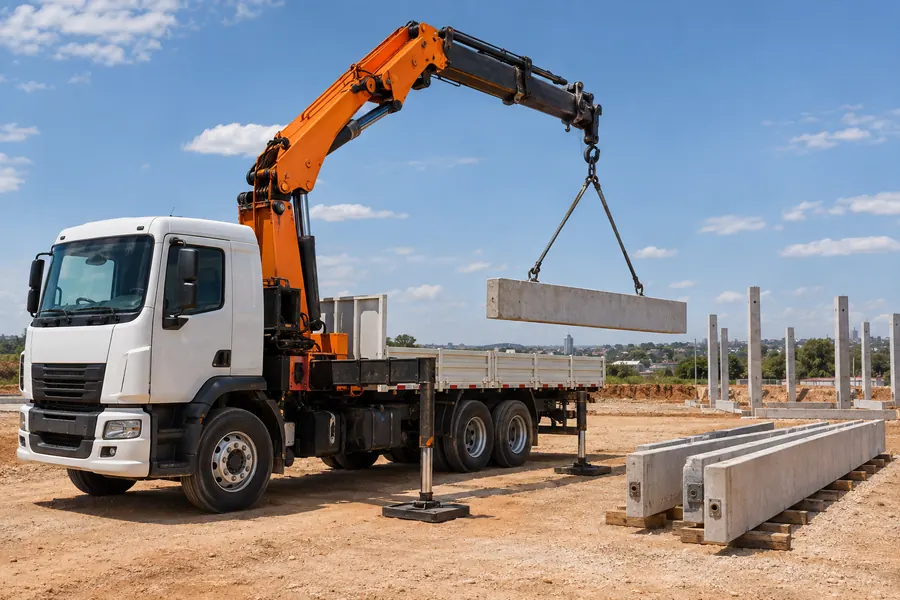 Aluguel de caminhão munck DF: cena ilustrativa de içamento de pré-moldados de concreto no Distrito Federal