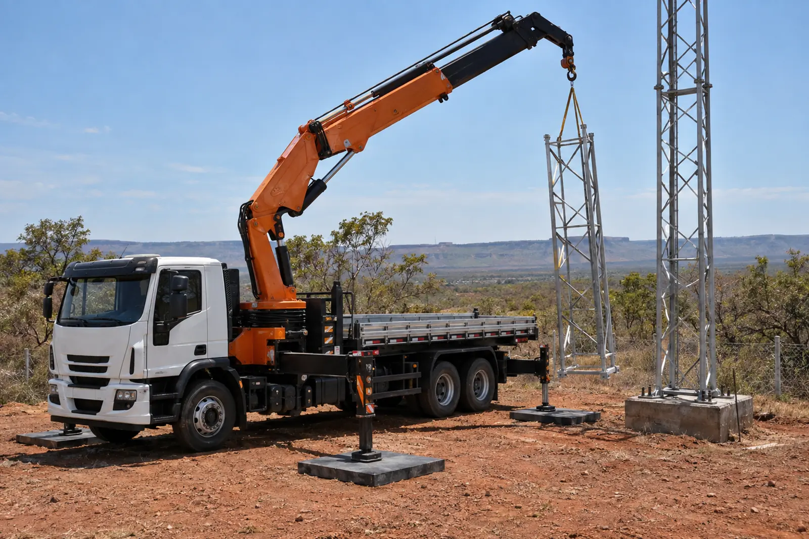 Aluguel de caminhão munck DF: cena ilustrativa de montagem de torre e antena para atendimento em Gama