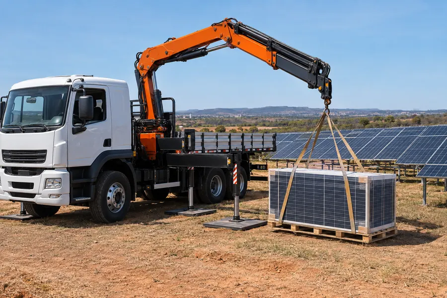 Aluguel de caminhão munck DF: cena ilustrativa de içamento de usina e estrutura solar no Distrito Federal